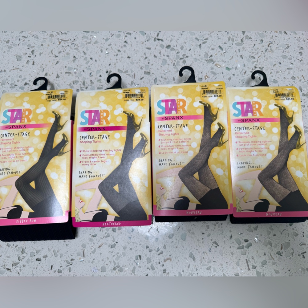 SPANX Star Center-Stage Tights in Black and Gray and two pattern Lot of 4 Size E